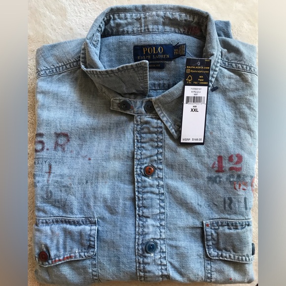 CUSTOM- Polo by Ralph Lauren Ocean Rescue Light Blue Chambray Shirt XXL